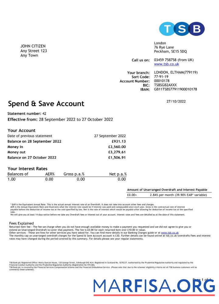 Downloadable United Kingdom TBS bank statement excel 4 pages 1 download for verification